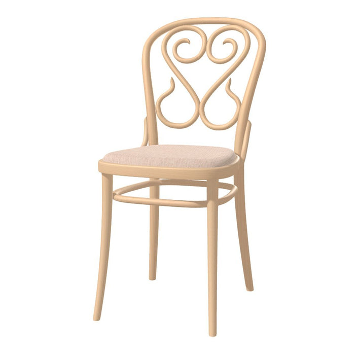 Natural wood chair with a decorative scroll backrest and a soft beige seat cushion. Elegant and timeless design.