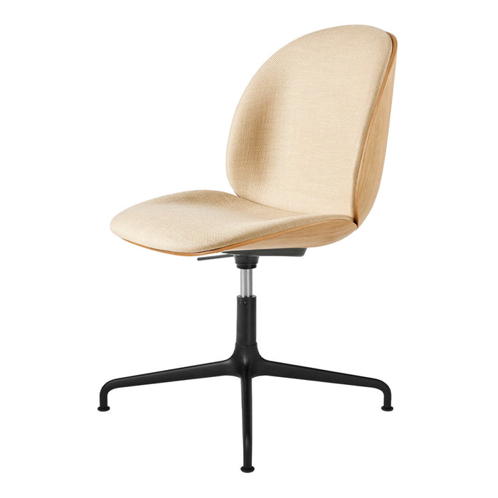 Beige upholstered chair with a sleek, minimalist design and a contrasting black base for a modern look.