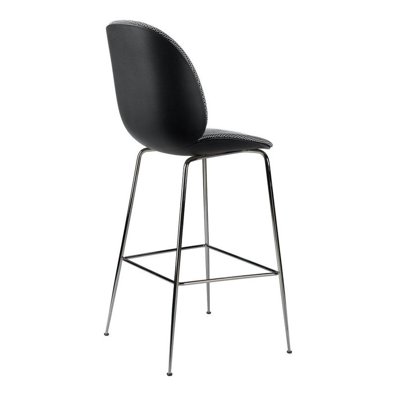 Sleek black upholstered bar stool with a modern chrome base, featuring a smooth, rounded back design.