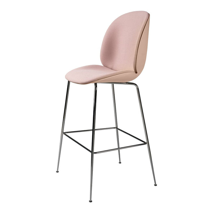 Pink upholstered bar stool with a smooth, curved design and sleek chrome legs, ideal for modern decor.