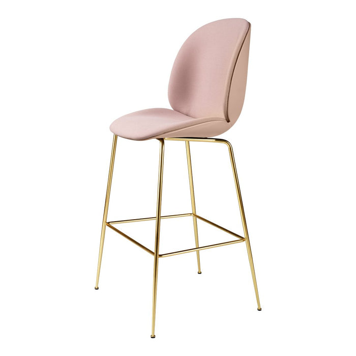 Pink upholstered bar stool with a sleek gold metal frame, featuring a smooth, modern design. Perfect for chic decor.