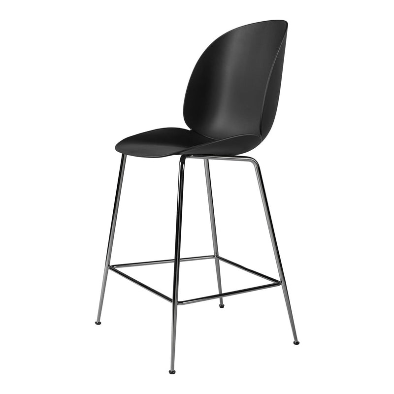 Black high stool with a smooth, curved seat and shiny chrome legs for a modern look. Perfect for contemporary spaces.