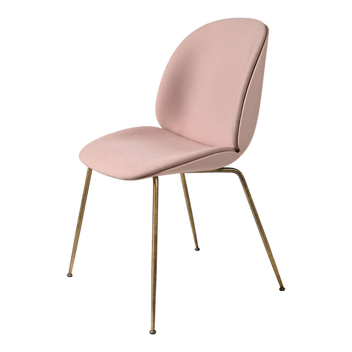 Stylish pink chair with a smooth texture and gold metal legs, perfect for modern decor.