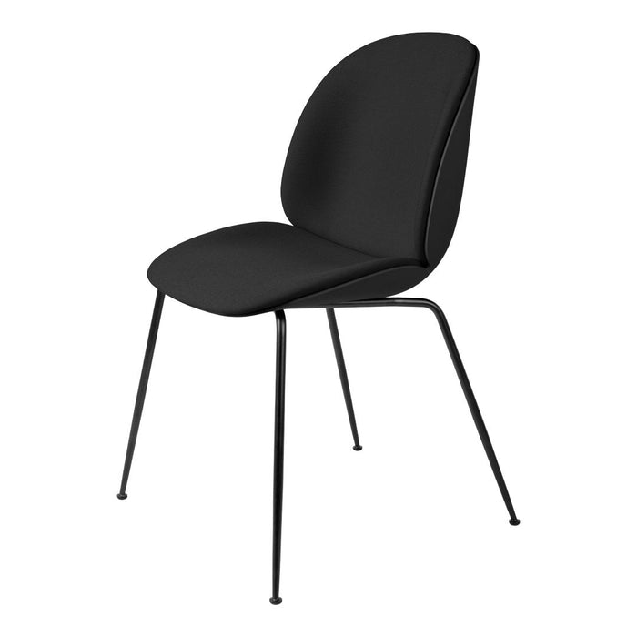 Black sleek modern chair with smooth contours and minimalist design, complemented by slender black metal legs.