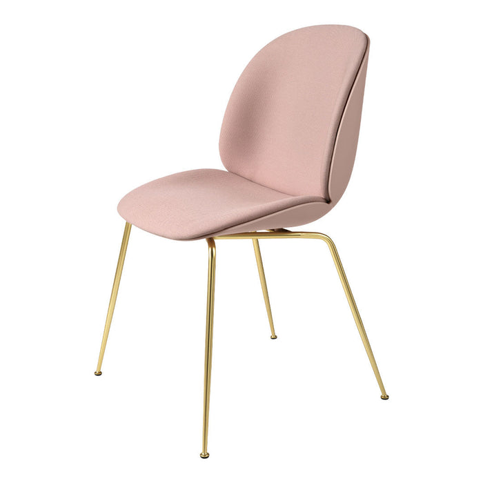"Stylish pink chair with a smooth finish and elegant gold legs, perfect for modern decor."