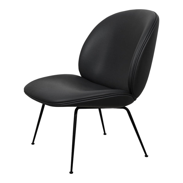 Black minimalist chair with a smooth, curved seat and sleek metal legs. Modern design ideal for any decor.