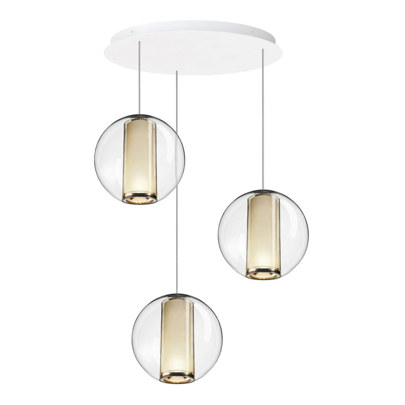Elegant three-bulb pendant light with clear glass shades and gold accents, featuring a sleek white ceiling mount.