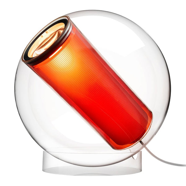 Glossy clear globe lamp with a vibrant red cylindrical light source, creating a bold color contrast.