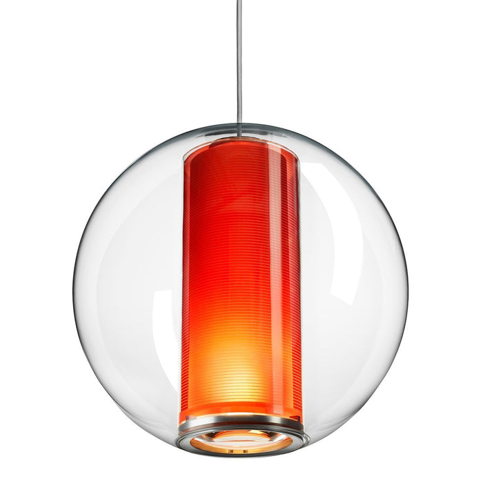 Round glass pendant light featuring a vibrant orange cylindrical shade and sleek, modern design.