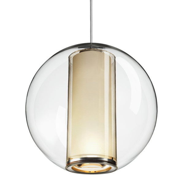Elegant clear glass pendant light with a cylindrical cream shade, featuring a sleek chrome accent.