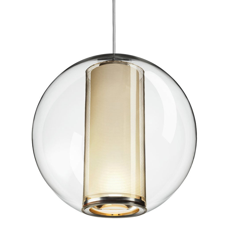 Elegant clear glass pendant light with a cylindrical cream shade, featuring a sleek chrome accent.