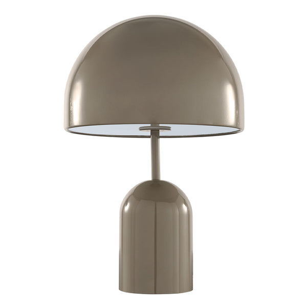 Sleek taupe lamp with a glossy dome shade and rounded base, perfect for modern decor.