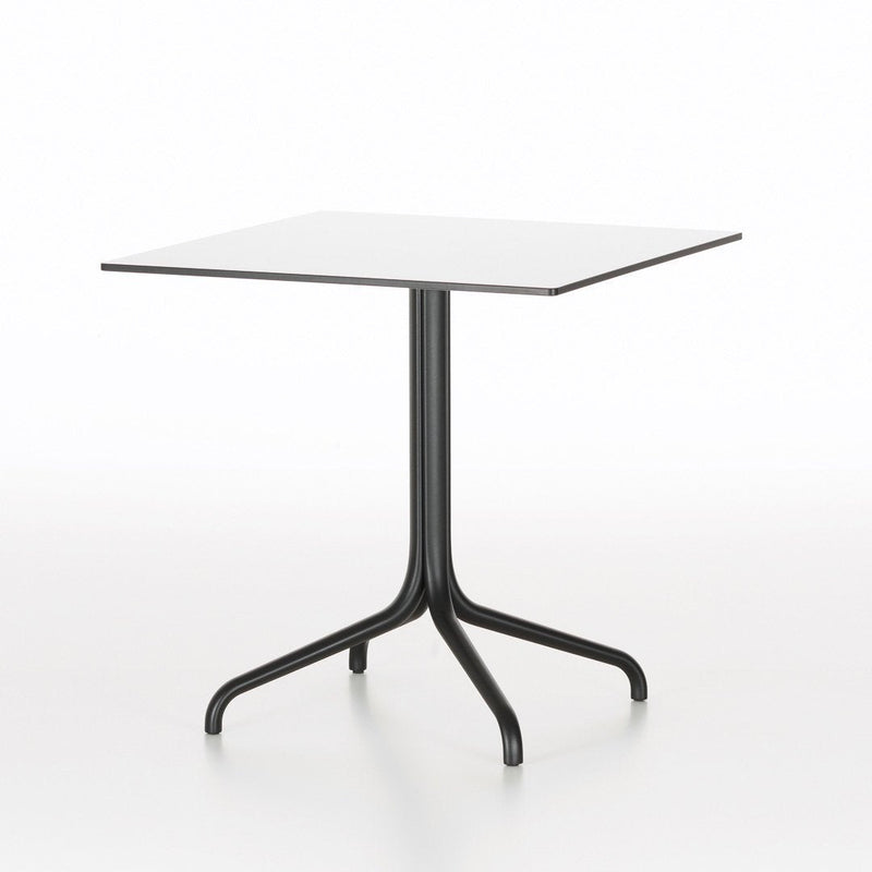 White square tabletop with a sleek black metal base, featuring a minimalist design and modern aesthetic.
