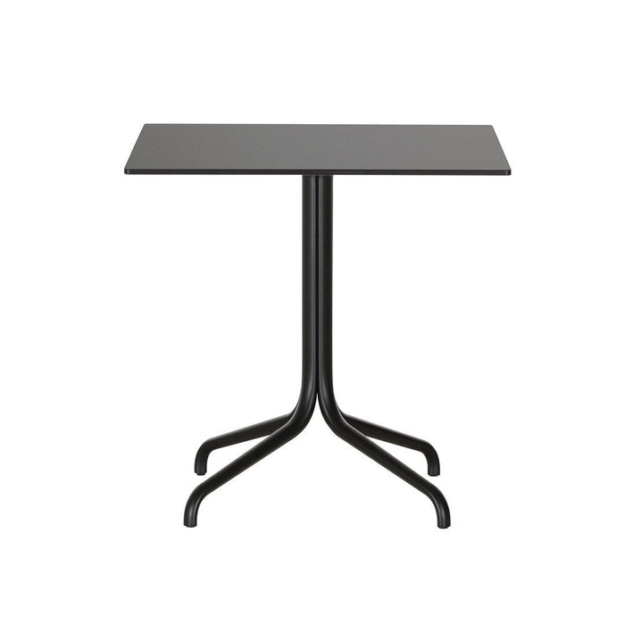 Black rectangular table with a sleek design and minimalist solid color top. Elegant three-legged base.