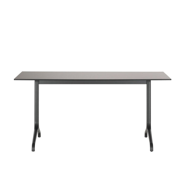 Sleek black metal table with a smooth gray tabletop, perfect for modern decor.