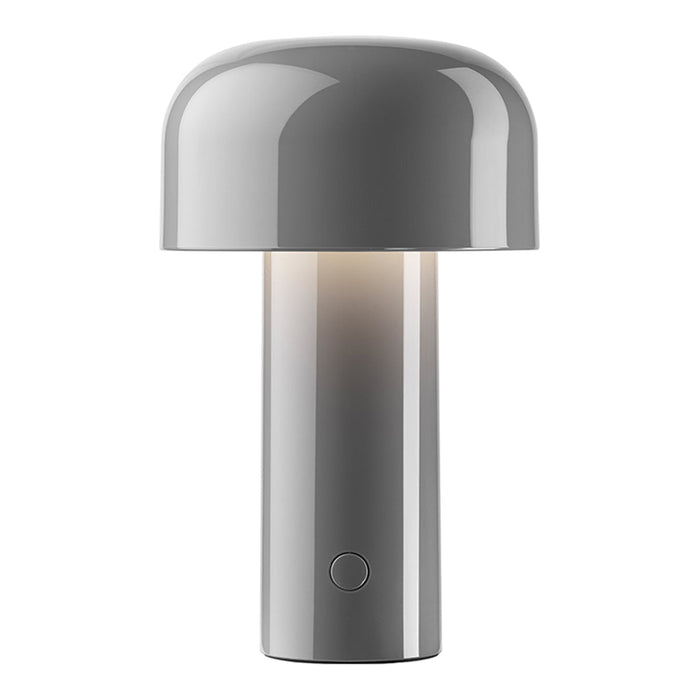Sleek gray table lamp with glossy finish and rounded shade, perfect for modern decor.