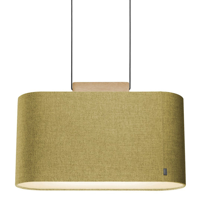 Olive green fabric pendant lamp with a smooth, curved shape and wooden accent.