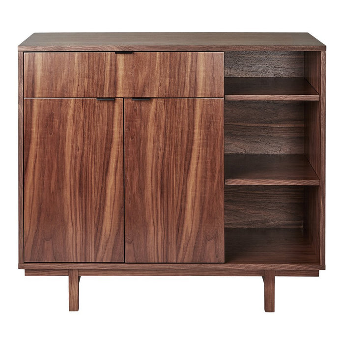 "Modern wooden cabinet in rich walnut finish with sleek lines and textured grain pattern."