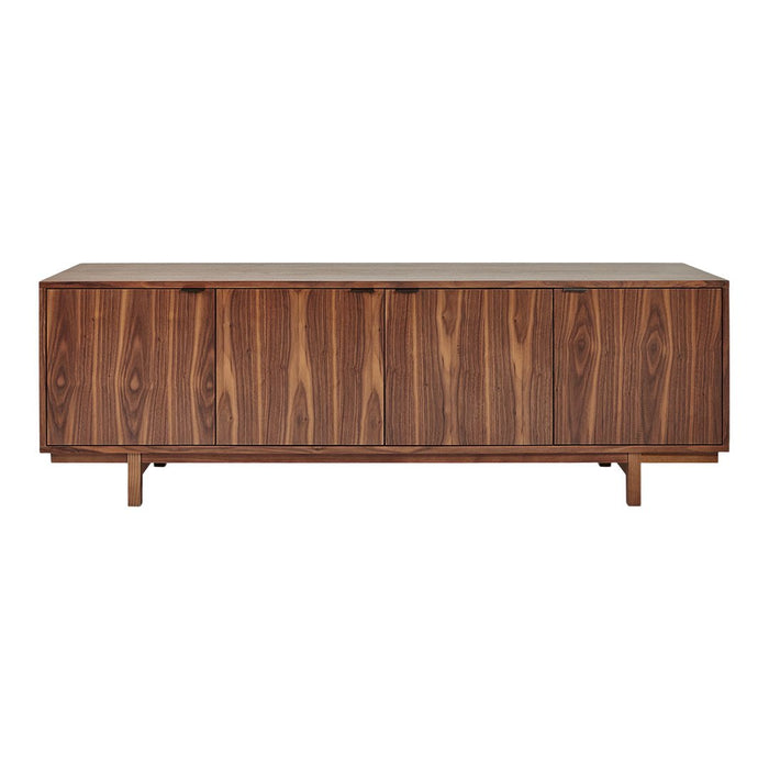 Walnut wood sideboard with rich brown tones and linear grain pattern, featuring sleek, modern design.