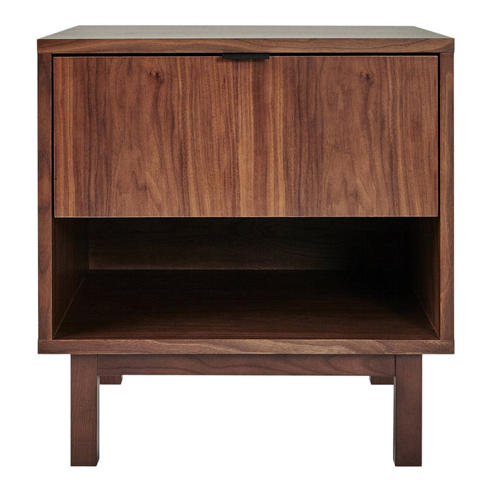 Wooden nightstand in warm walnut finish with a smooth surface and minimalistic design, featuring grain patterns.
