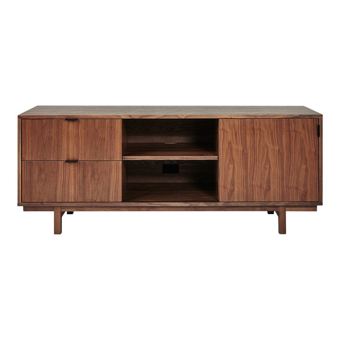 Wooden TV stand in rich walnut finish with smooth grain and minimalistic design featuring two doors and open shelf.