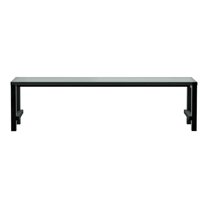 Sleek black bench with a minimalist design and smooth, solid surface, perfect for modern decor.
