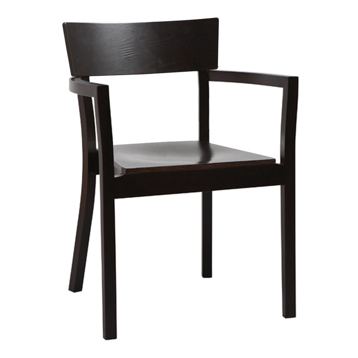 Black wooden armchair with a sleek, minimalist design and smooth, dark finish. Perfect for modern decor.