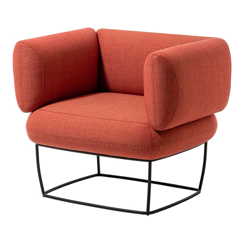 Orange textured chair with round, cushioned arms and a minimalist black metal frame. Modern design for stylish spaces.