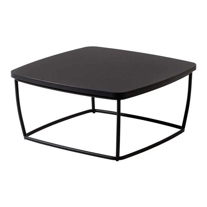 Black square coffee table with a minimalist design and sleek metal frame. Perfect for modern decor.
