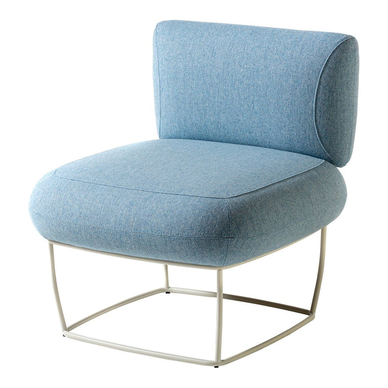Light blue upholstered chair with a smooth, minimalist design and a sleek silver base, perfect for modern decor.