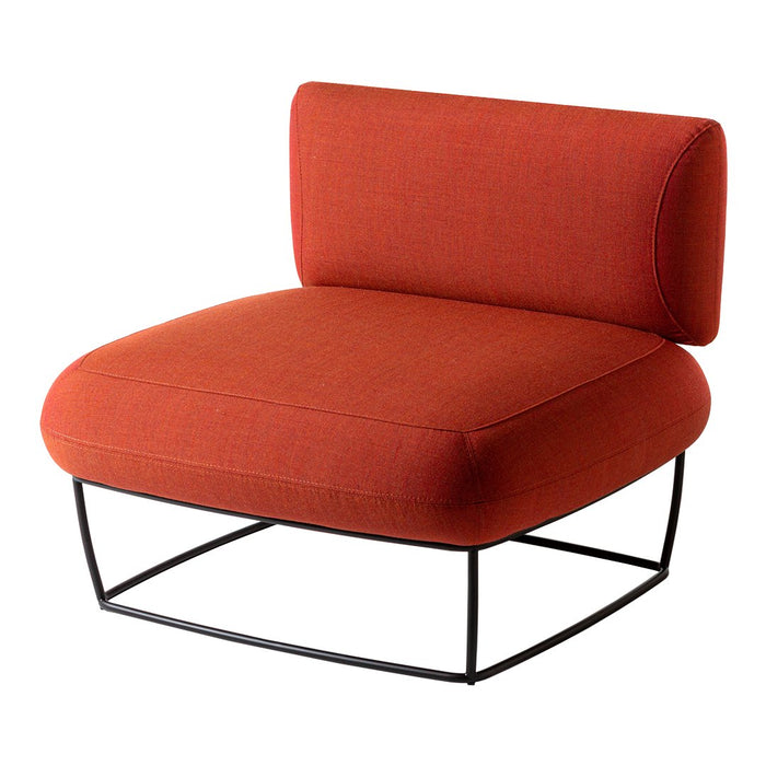 Modern orange upholstered chair with a minimalist black metal frame. Sleek, contemporary design. Perfect for any room.