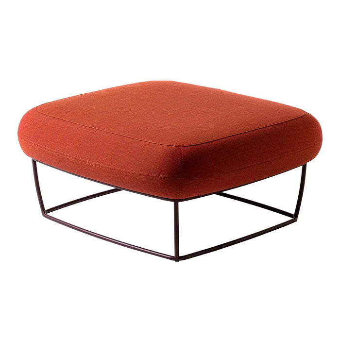 Terra-cotta square ottoman with a smooth fabric surface and a minimalist metal base. Perfect for modern decor.