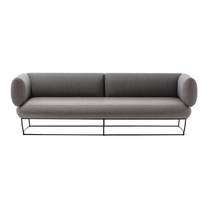 Gray modern sofa with rounded arms and a sleek black metal frame, featuring a textured, minimalist design.