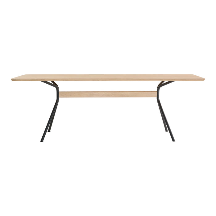 Light wood tabletop with a smooth finish and sleek black metal legs; minimalist design with clean lines.