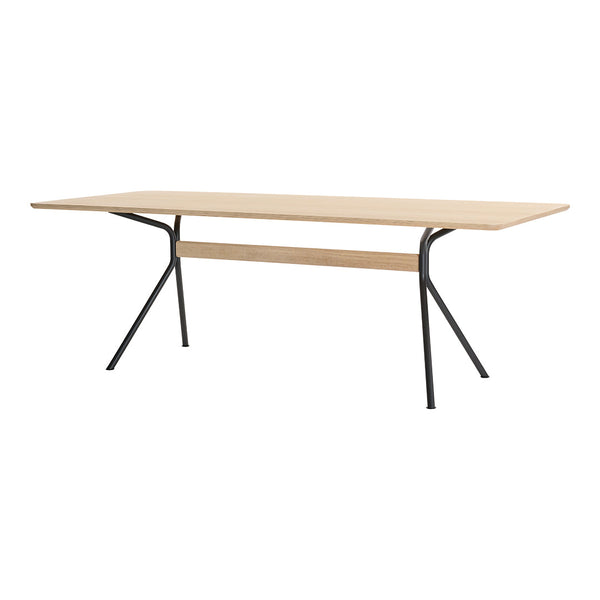 Natural wood tabletop with a smooth finish and black metal legs, featuring a minimalist design and clean lines.