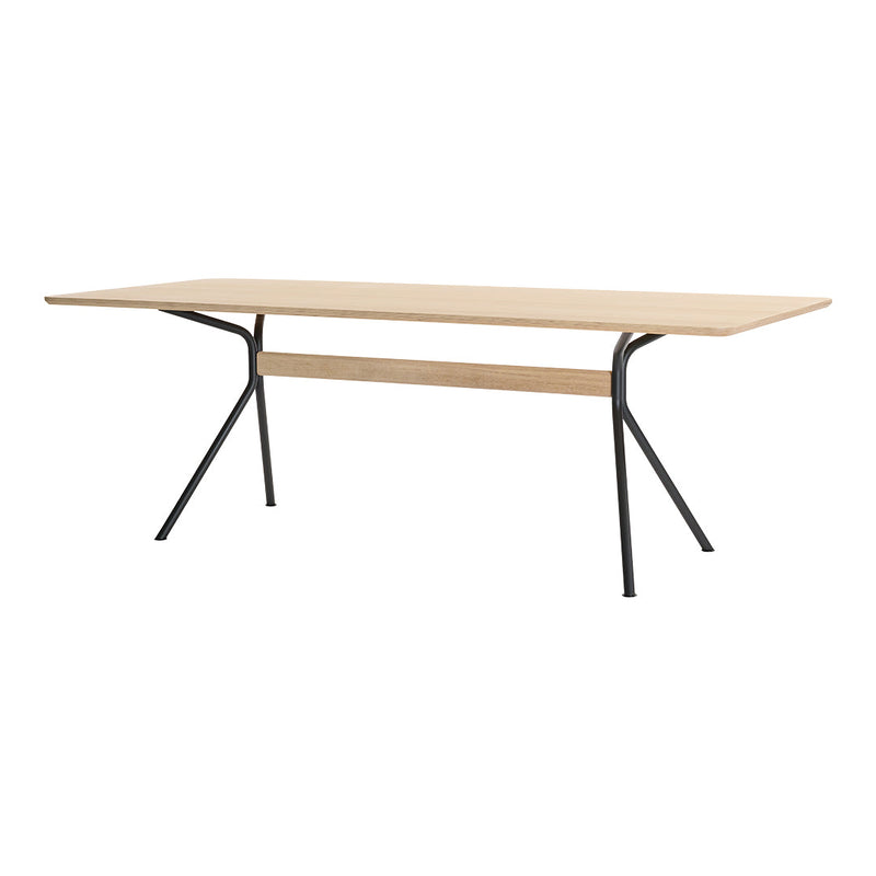 Natural wood tabletop with a smooth finish and black metal legs, featuring a minimalist design and clean lines.