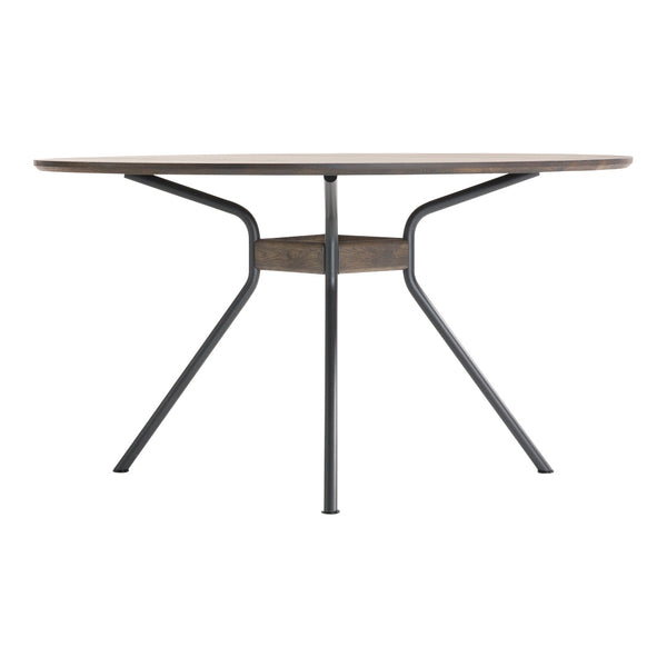 Round wooden dining table with a rich brown top and black metal legs, featuring a sleek and modern design.