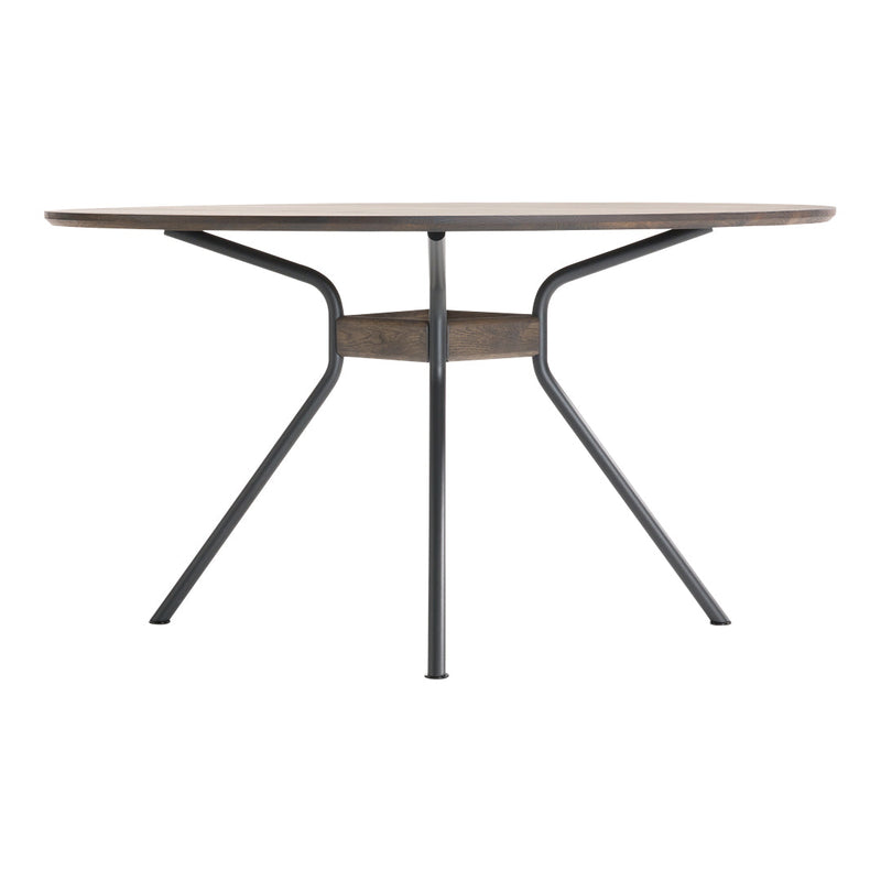 Round wooden dining table with a rich brown top and black metal legs, featuring a sleek and modern design.