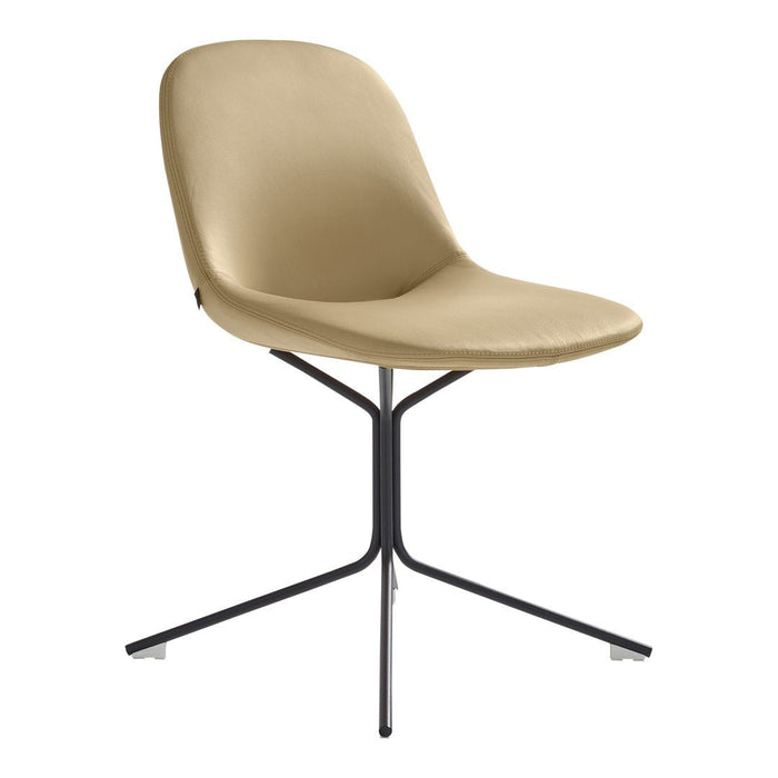 Beige upholstered chair with a smooth surface and sleek black metal legs, showcasing a minimalist design.