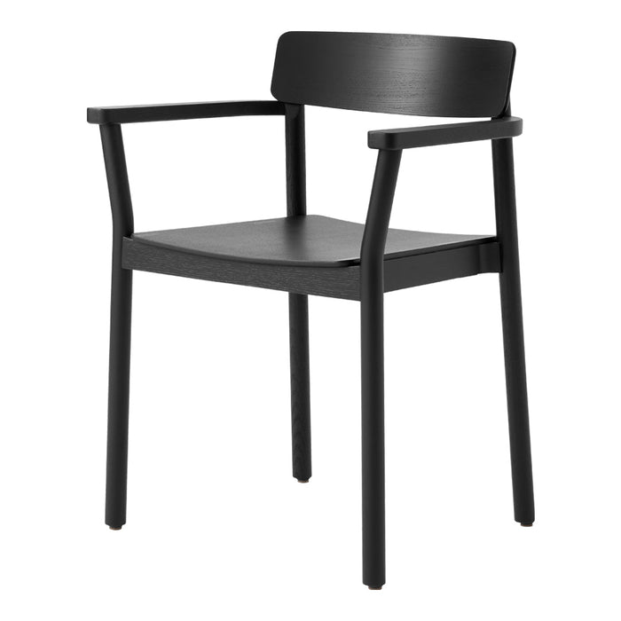 Black wooden armchair with a sleek, minimal design and smooth finishes. Perfect for modern spaces.