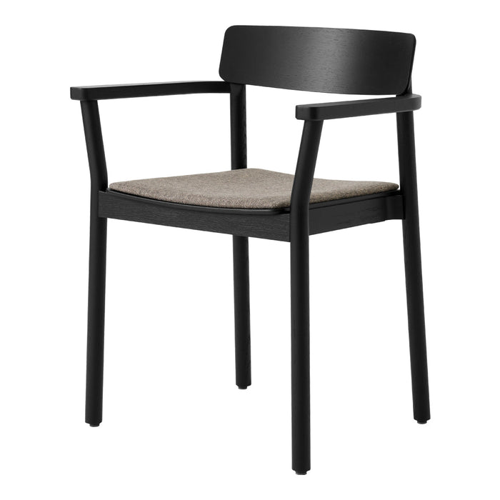 Black wooden chair with a textured beige seat, featuring a simple and modern design.