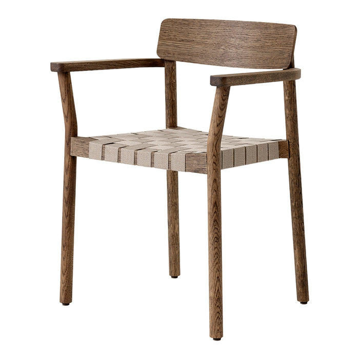 Elegant wooden chair in a rich brown finish with a natural slatted seat pattern for a contemporary touch.