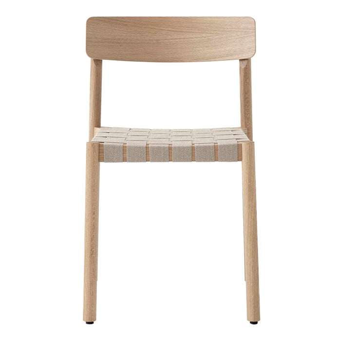 Light wood chair with a natural finish and a striped woven seat in muted beige and cream tones.