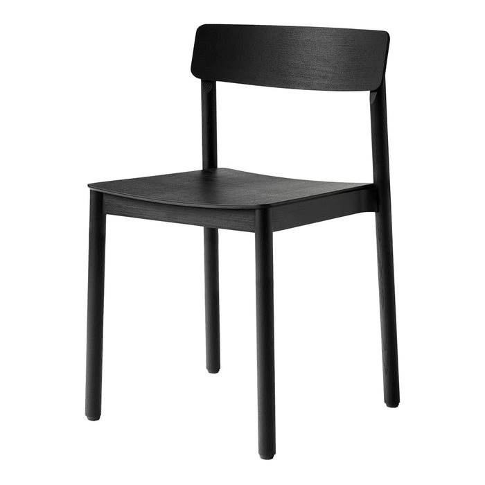 Black wooden chair with a simple, modern design and smooth finish, featuring straight lines and minimalistic style.
