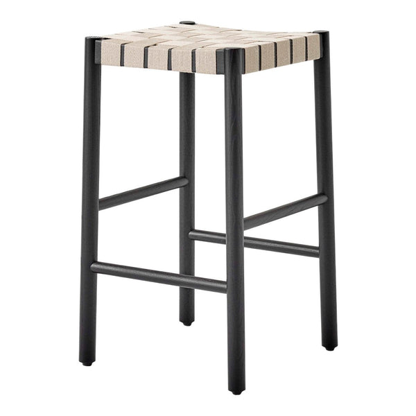 Black metal bar stool with a natural light wooden slatted seat and a minimalist design. Perfect for modern spaces.