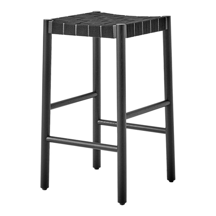 Black bar stool with a woven seat pattern and sleek, minimalistic design. Perfect for modern decor.