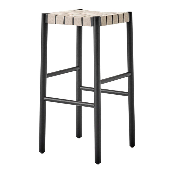Stylish black metal bar stool with a light wood striped seat for modern decor. Perfect for kitchens and dining areas.