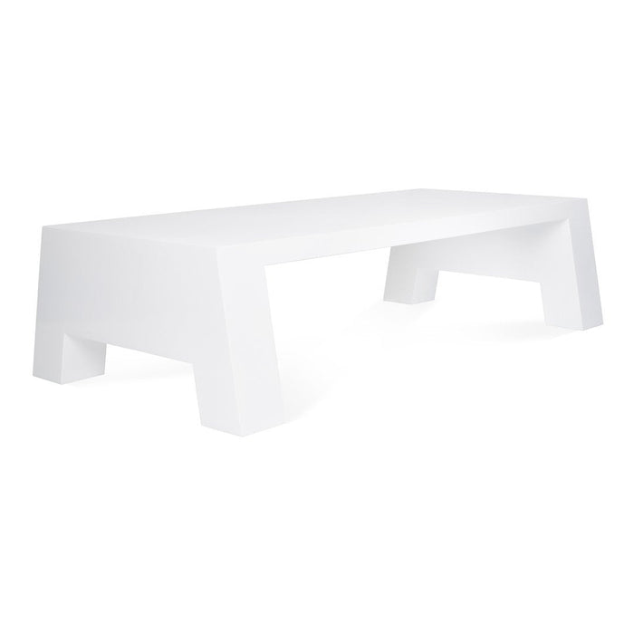 Sleek white table with a minimalist design, featuring clean lines and a smooth, glossy finish. Perfect for modern spaces.