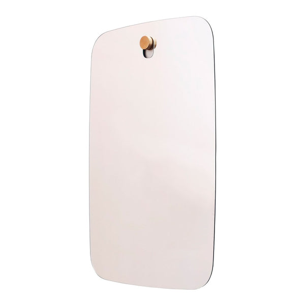 Rectangular wall mirror with a minimalist design in smooth white finish and a natural wood accent.