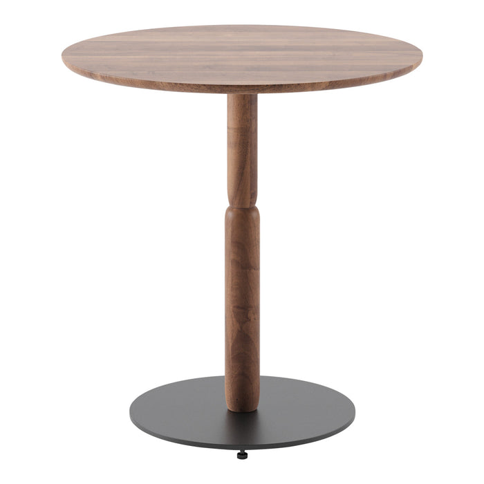 Round wood table with a natural walnut finish and a sleek black metal base, featuring a smooth, minimalist design.